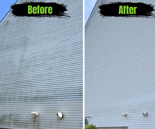 Side-by-side comparison of a building's exterior before and after cleaning.