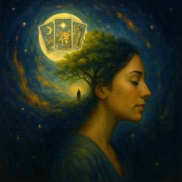 woman imagining a moon tree and person walking with tarot cards on the moon