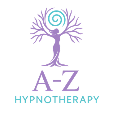 Logo for A-Z Hypnotherapy with a tree-woman figure and spiral symbol.