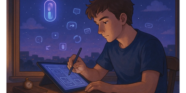 A young man sketches on a tablet at night, surrounded by glowing icons, capturing digital memories.