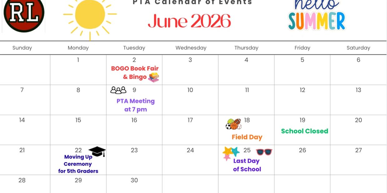 June 2026 PTA calendar with events like book fair, field day, and last day of school.