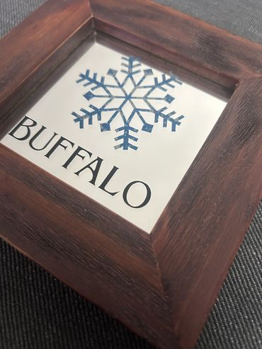 Mirror with etched and painted snowflake in handmade wood frame 