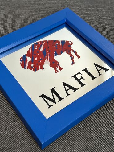 Buffalo Mafia style etched buffalo on mirror with handmade blue wood frame 