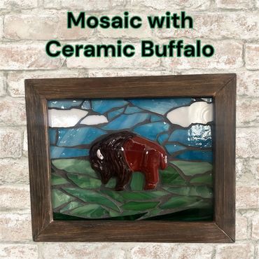 Ceramic Buffalo with mosaic background and handmade wood red frame.