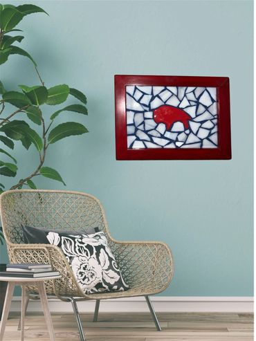 Ceramic red Buffalo with white mosaic glass, blue grout and a handmade wood red frame.