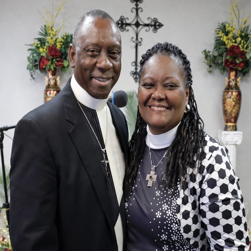 Smiling clergy couple standing together inside a church with floral arrangements.