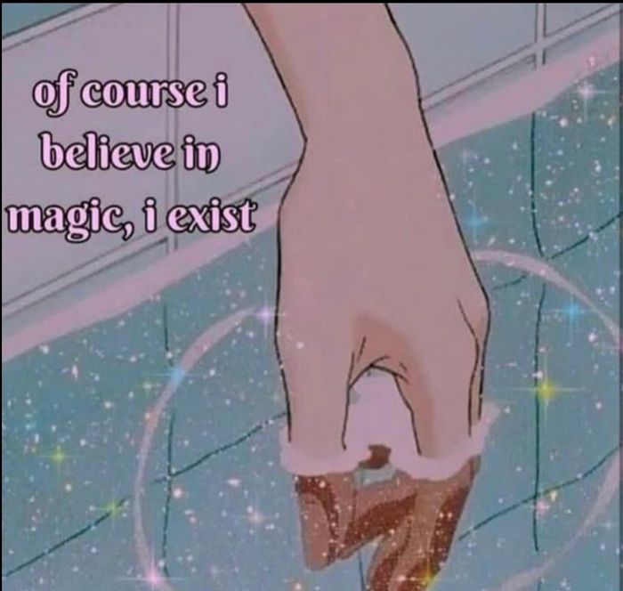 Cartoon hand with magic sparkles and lifestyle inspiration quote: "Of course I believe in magic, I exist"