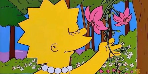 Lisa Simpson smelling pink flowers in a forest to symbolize the peace of self-discovery and personal growth. 