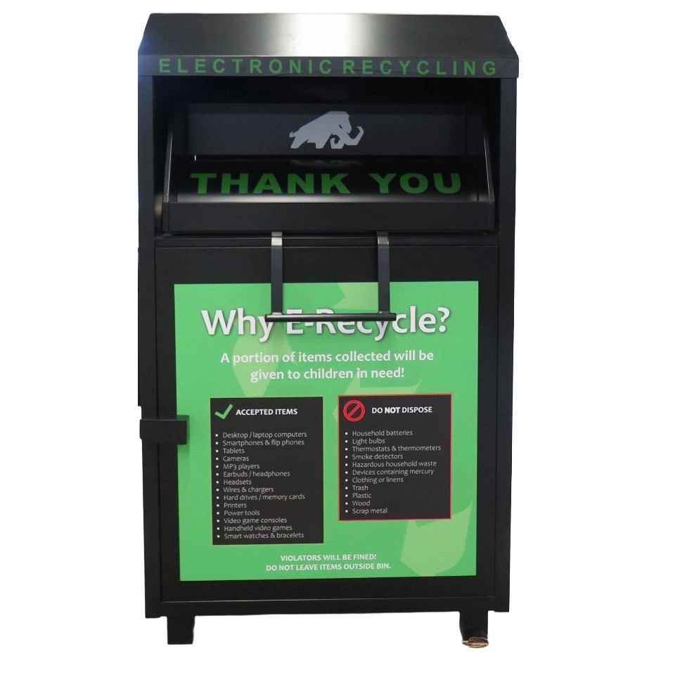 Electronic recycling bin with guidelines for accepted and prohibited items.