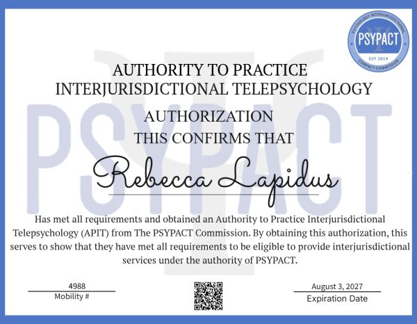 Certificate for Rebecca Lapidus authorizing practice in interjurisdictional telepsychology.