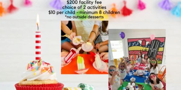 Birthday party setup with cupcake, kids activities, and pricing details.