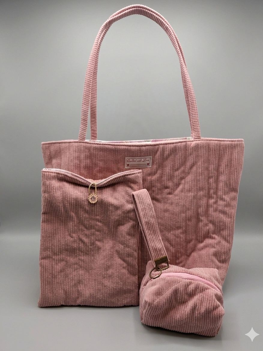 Set of three pink corduroy bags with different sizes and shapes.