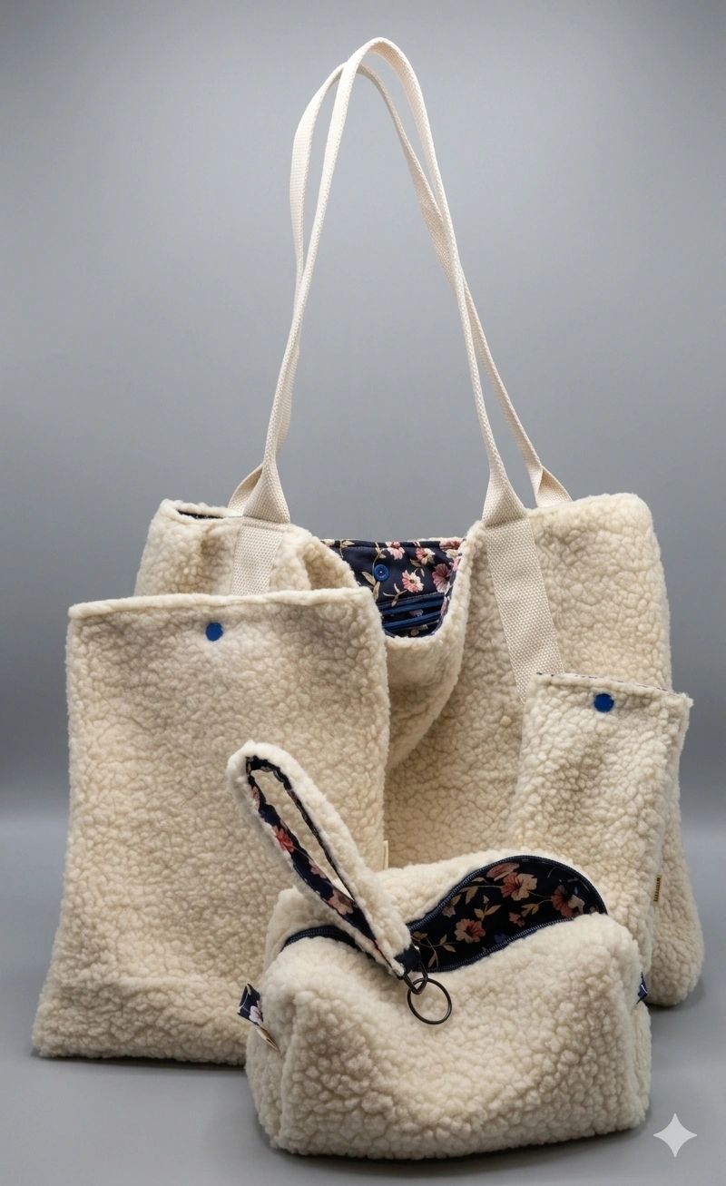 Cozy cream-colored sherpa bags with floral lining and beige straps.