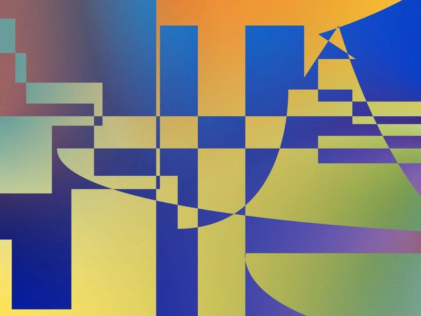 Abstract geometric artwork with blue, yellow, orange, and green shapes.