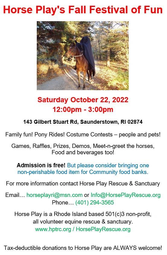 Horse Play's Fall Festival of Fun October 22, 2022, 12pm-3pm...
