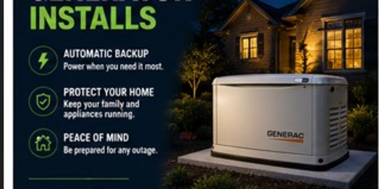 Generator installs graphic showing a Generac standby generator at night