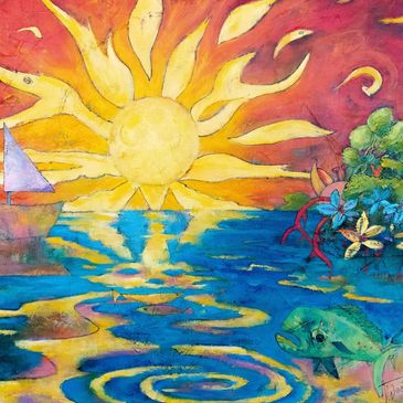 Colorful sun over a vibrant ocean scene.