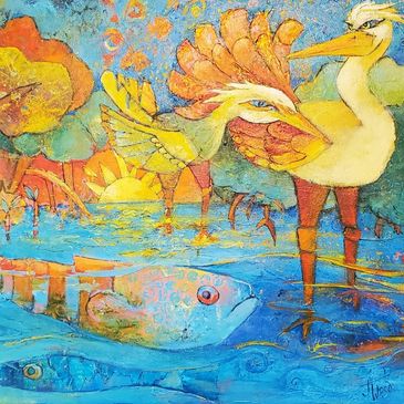 Colorful painting of birds and fish in water.