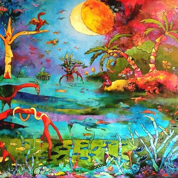 Colorful fantasy landscape with moon and plants.
