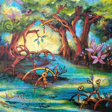 Surreal colorful forest and river scene with imaginative trees and fish.