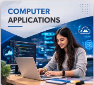 A young woman working on computer applications with code on her screen.