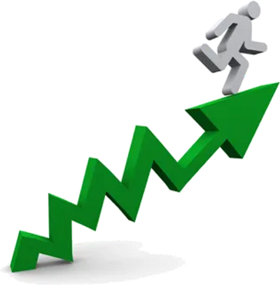 A stylized figure running upwards along a jagged green arrow indicating growth.