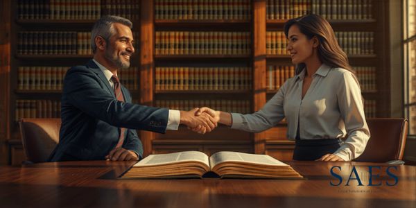 Two professionals shaking hands in a law library, symbolizing agreement.