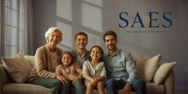 A happy multi-generational family sitting on a couch with SAES legal branding.