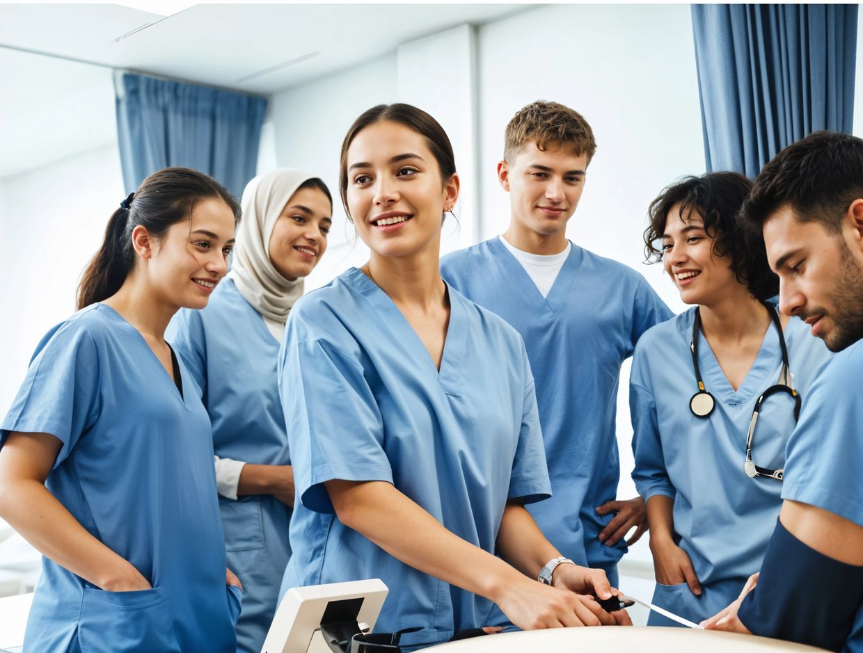 Medical team in blue scrubs working together.