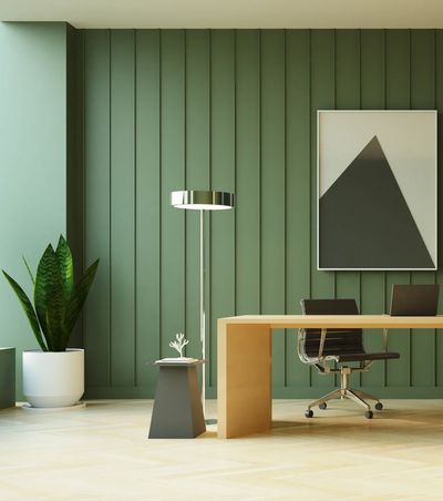 Fully furnished room in green. With stunning green panels.