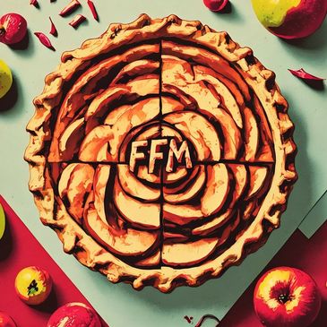 A beautifully baked apple pie with the letters FFM in the center, surrounded by apples and petals.