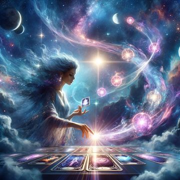 Een vrouw leest tarotkaarten in een mystieke, hemelse sfeer.