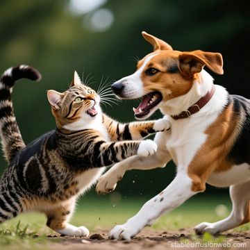 Kat en hond spelen en vechten speels buiten.