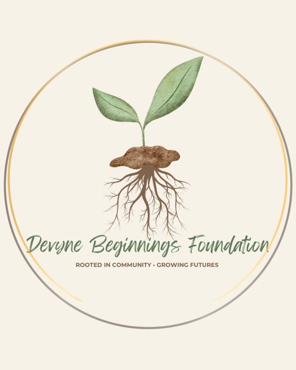 Logo of Devyne Beginnings Foundation with plant and roots.