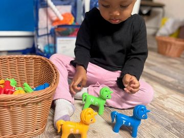Child playing with colorful plastic animal toys.