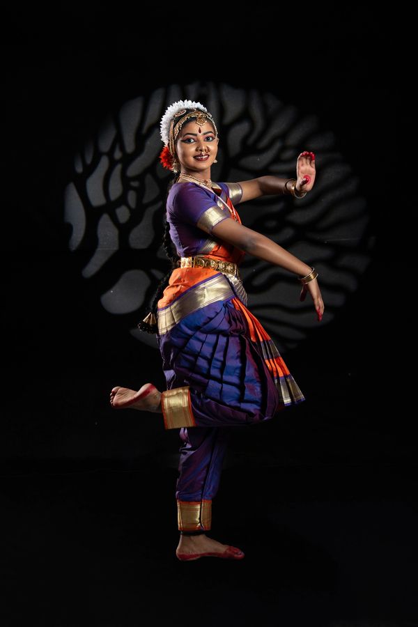A classical Indian dancer in vibrant traditional attire poses gracefully on one leg.