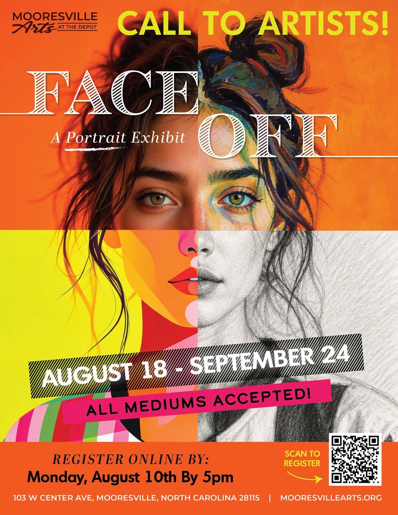 Poster for Face Off portrait exhibit calling artists to register by August 10th.