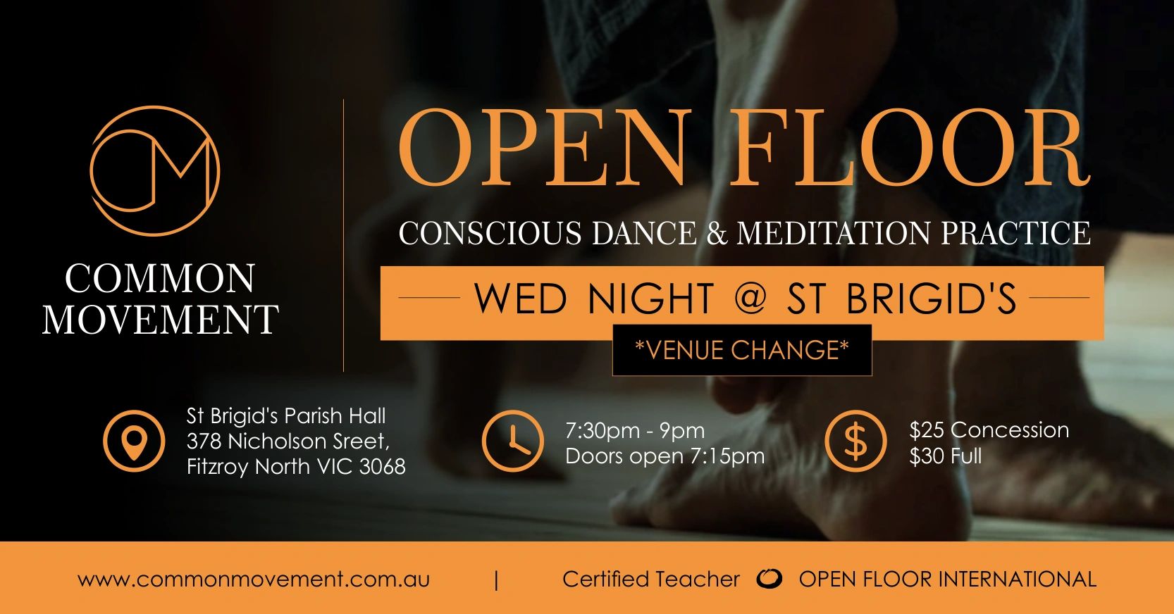 Open Floor dance and meditation sessions every Wednesday at St Brigid's.