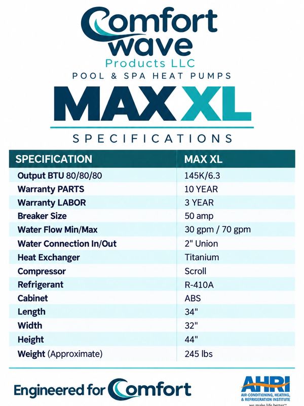 Specifications for Comfort Wave MAX XL pool and spa heat pump.