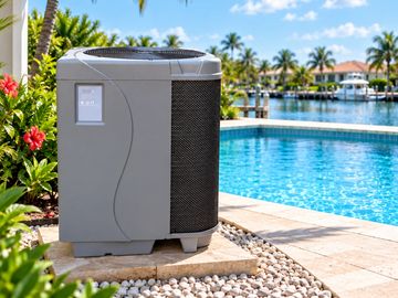 A heat pump by a pool on a sunny day.