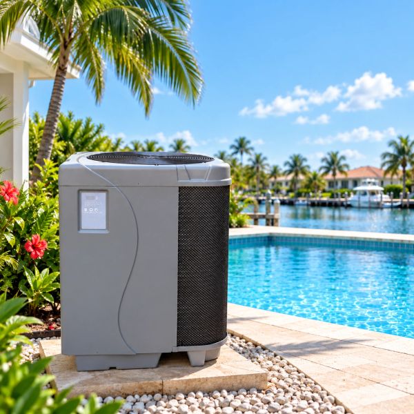 Outdoor pool heat pump near a swimming pool.