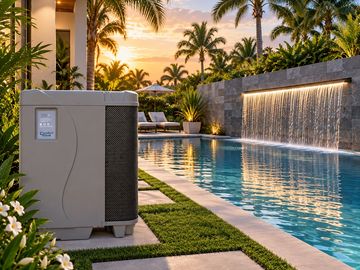 Modern pool area with heater and waterfall feature at sunset.