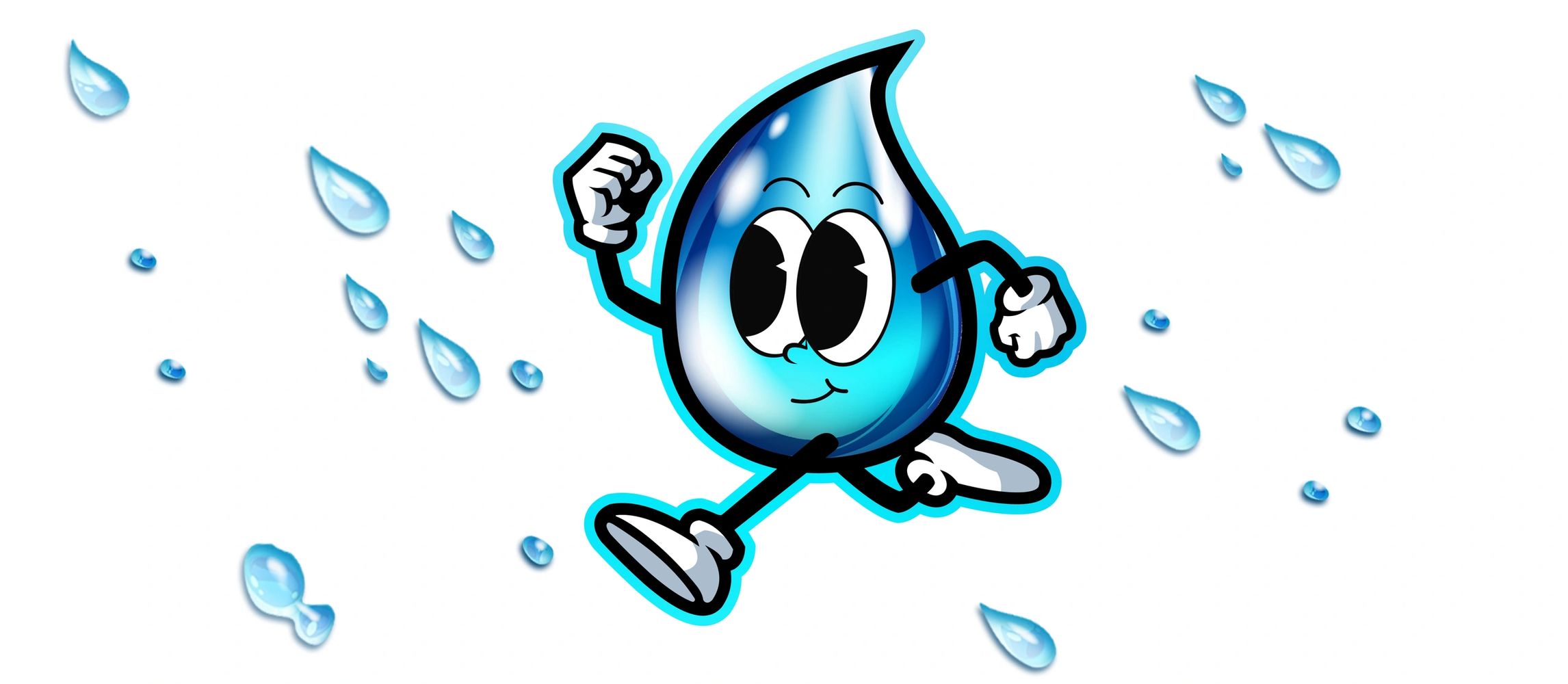 Animated water droplet character running with water droplets around.
