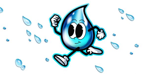 Animated water drop character walking confidently.