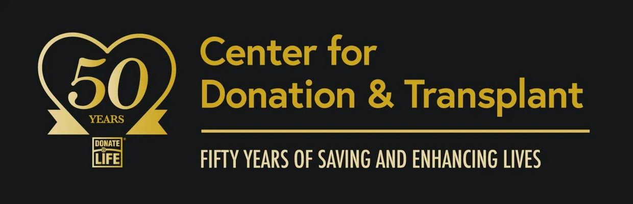 Golden logo celebrating 50 years of the Center for Donation &amp; Transplant.