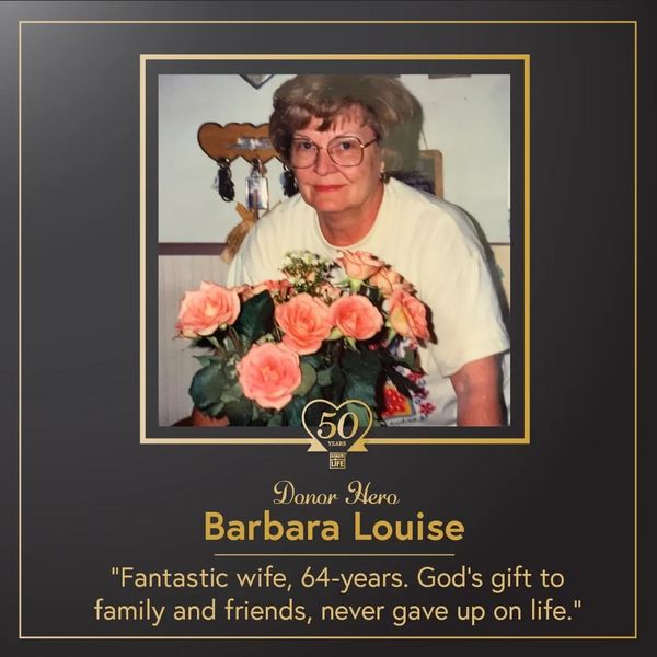 Portrait of Barbara Louise, honored as a 50-year donor hero with a heartfelt tribute.