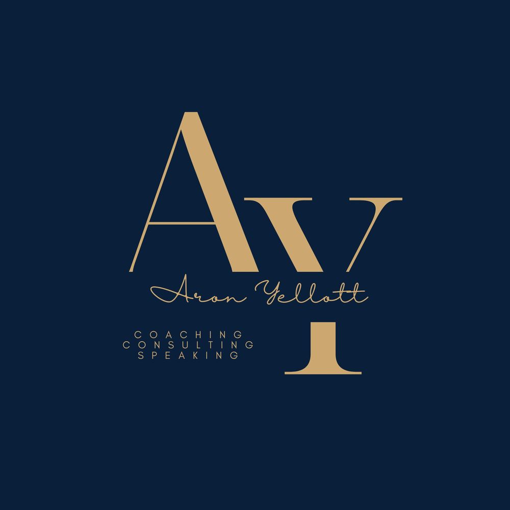 Navy background with letters AY and signature of Aron Yellott then coaching, consulting and speaking