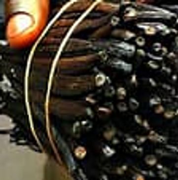 Close-up of black beads tied with a rubber band.