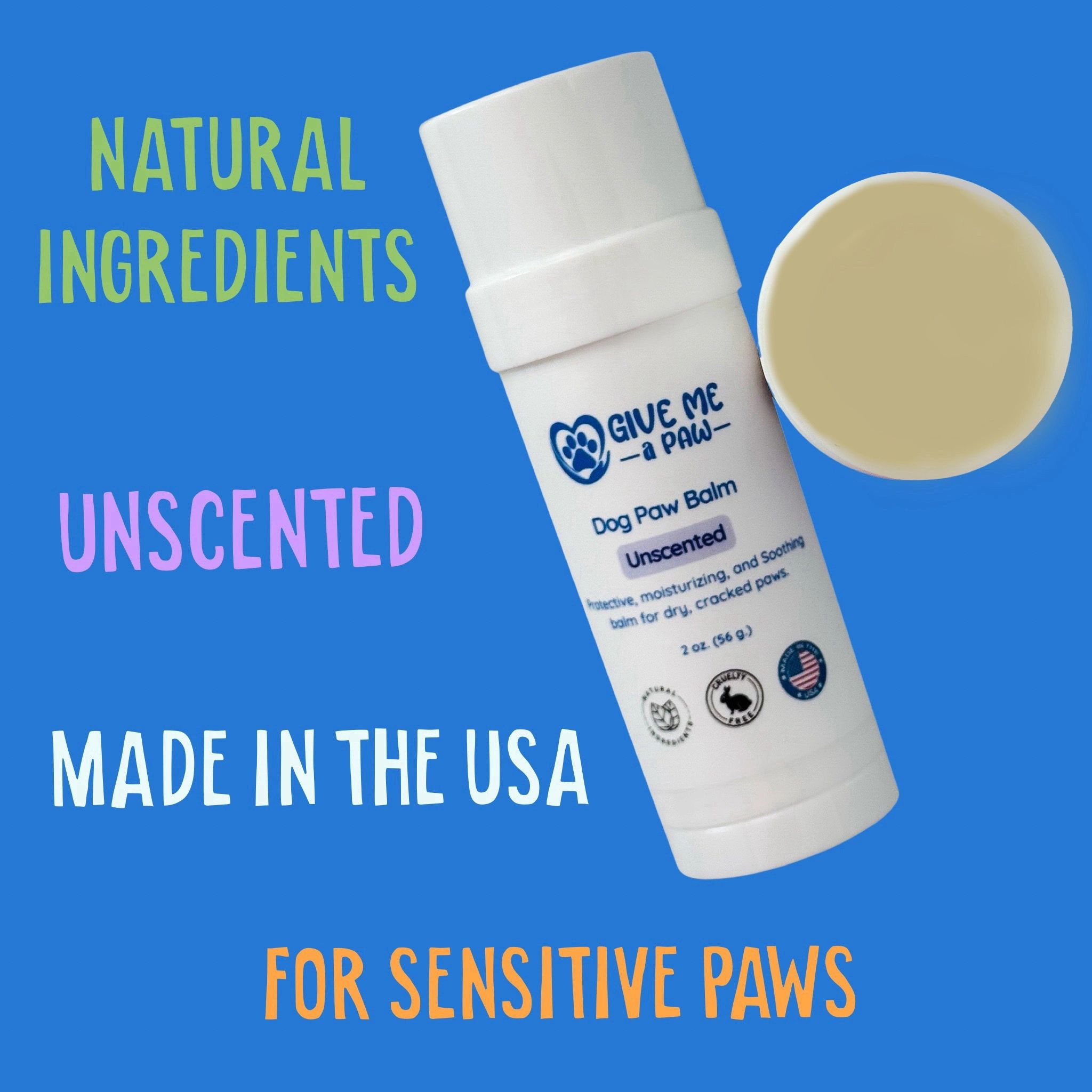 Dog paw balm, natural ingredients, unscented, for sensitive paws and Made in the USA