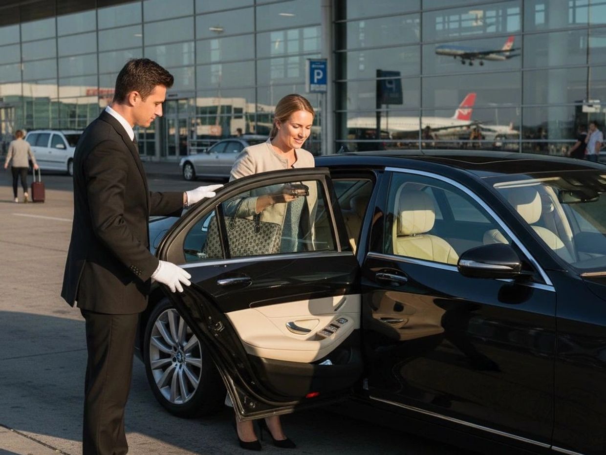 A chauffeur opens a car door for a woman at an airport.